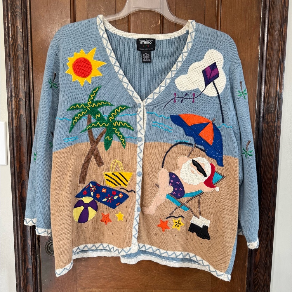 Woman’s vintage Studio Works beach scene cardigan hand knit sweater. Sz XL